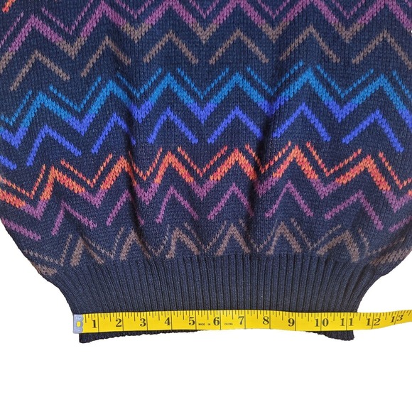 VTG WEEDS Men's Multicolor Zig-Zag Pattern Knit Grandpa Sweater Leather Trim L - Picture 8 of 9